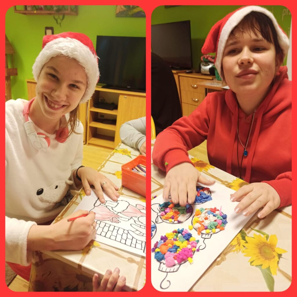 Wychowanki z grupy VIII Polina i Sandra wykonują zadania z podchodów mikołajkowych.