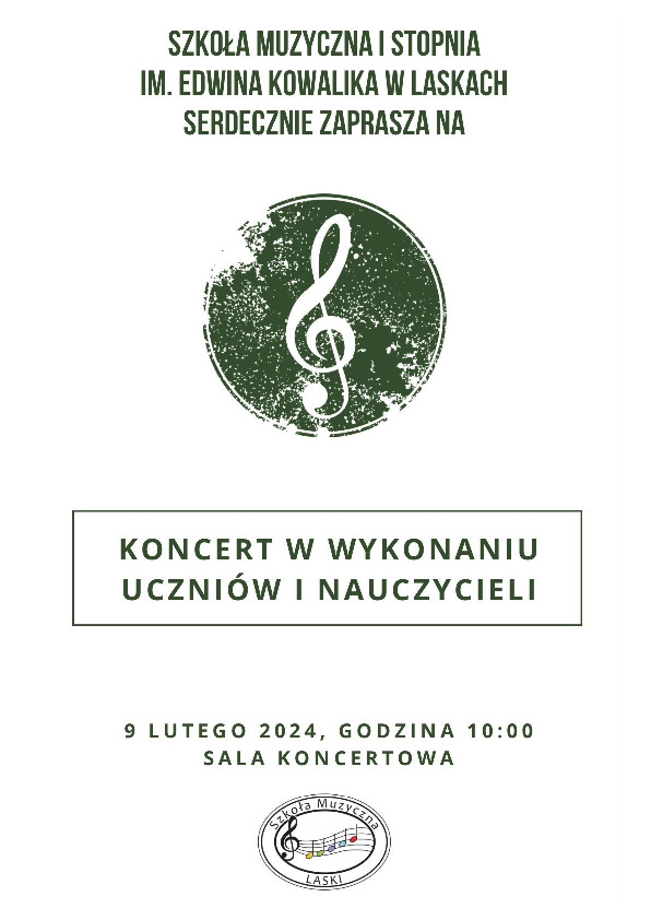 Plakat zapraszający na koncert uczniów 9 lutego o godz. 10:00.