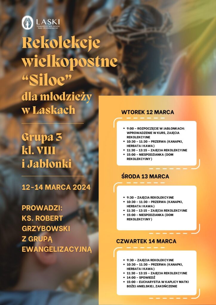 Plakat z informacjami dotyczącymi rekolekcji dla uczniów.