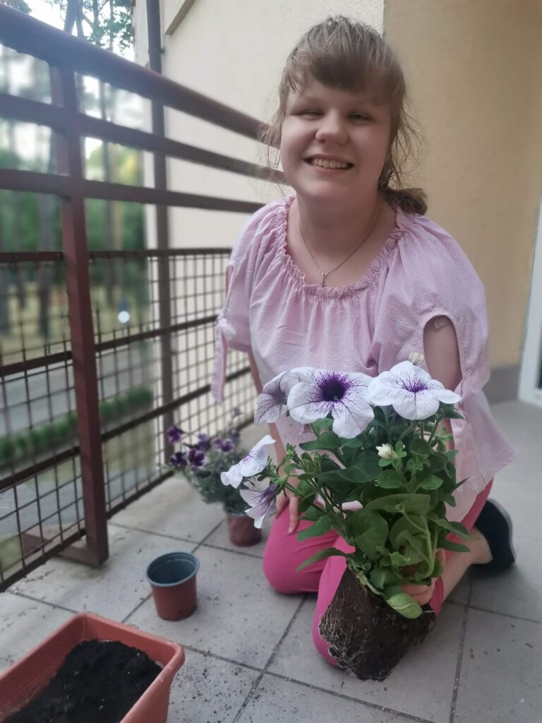 Polina wyjmuje sadzonkę petunii z doniczki