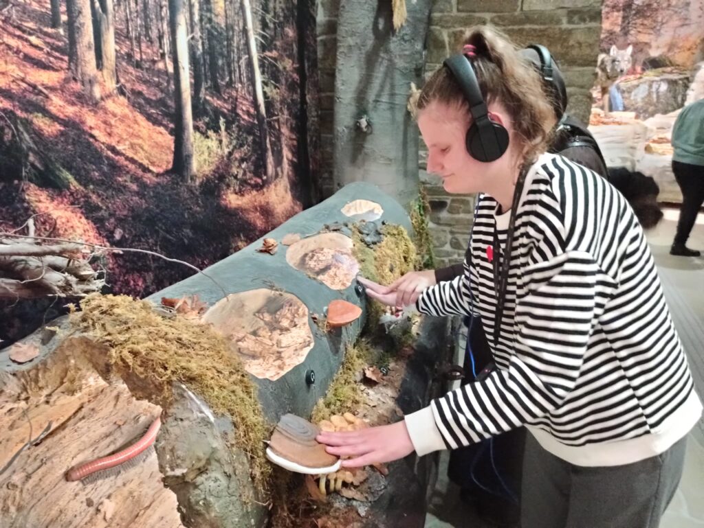 Sandra stoi przy wystawie grzybów pasożytów i dotyka hub