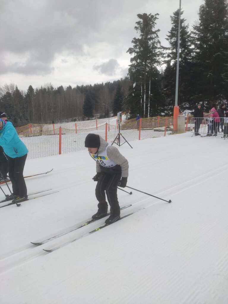 grupa osób jedzie na nartach biegowych