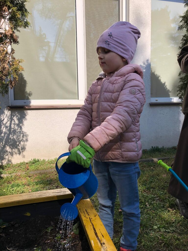 Dziewczynka w rękawiczce ogrodniczej podlewa konewką grządkę.