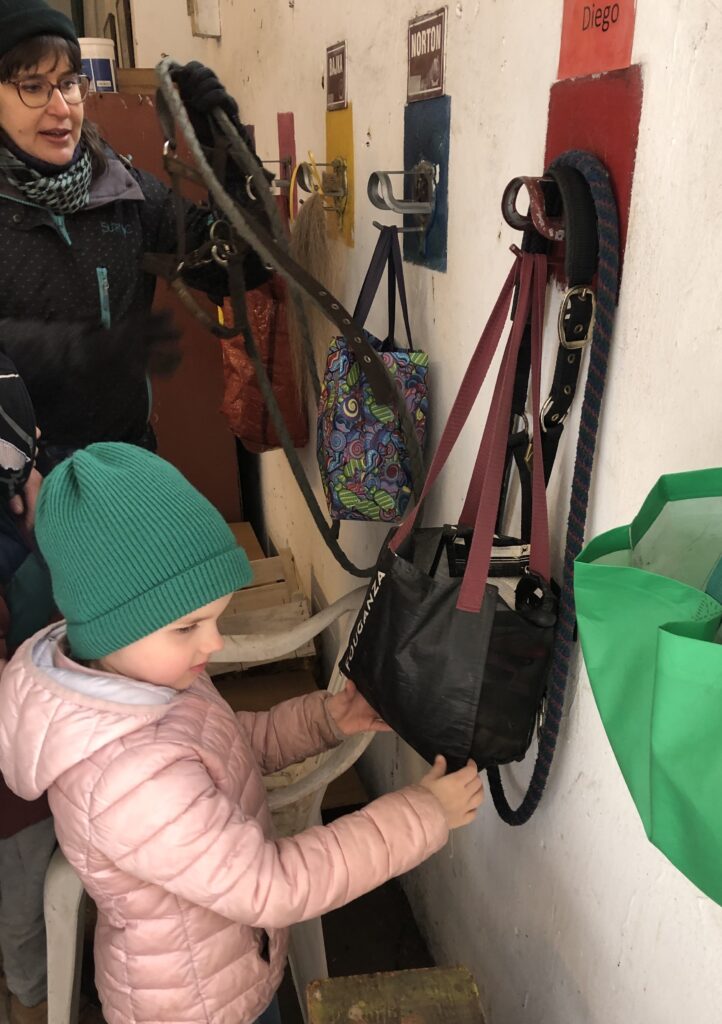 Dziewczynka ogląda z panią z hipoterapii torbę ze szczotkami konia.