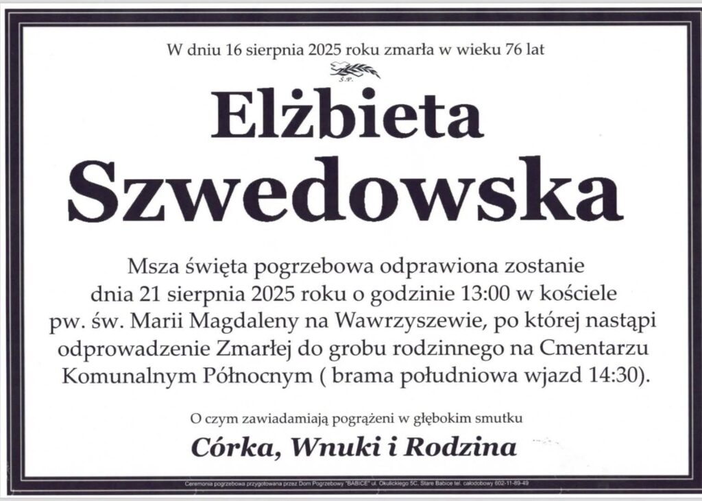 Klepsydra Elżbiety Szwedowskiej z informacjami o pogrzebie.
