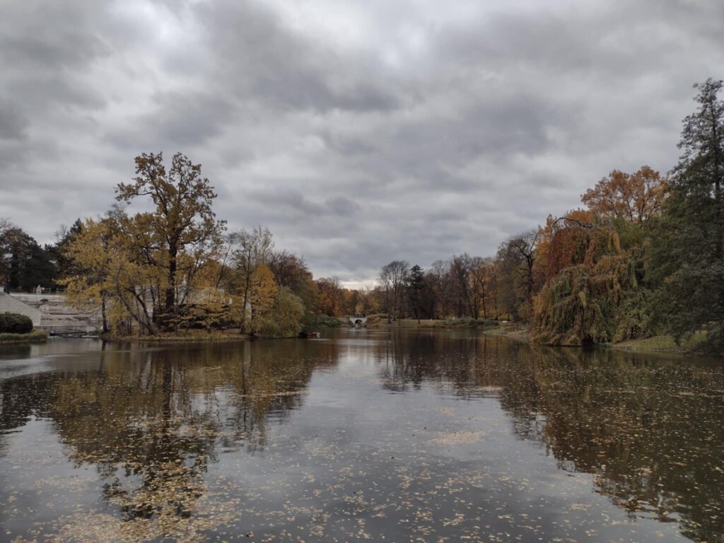 Zdjęcie przedstawia Staw oraz Drzewa w kolorach jesieni.