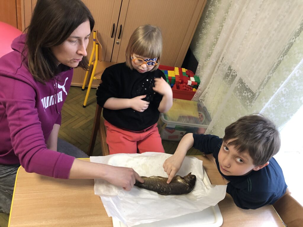 Nauczycielka i chłopiec dotykają ryby wędzonej, obok siedzi dziewczynka.