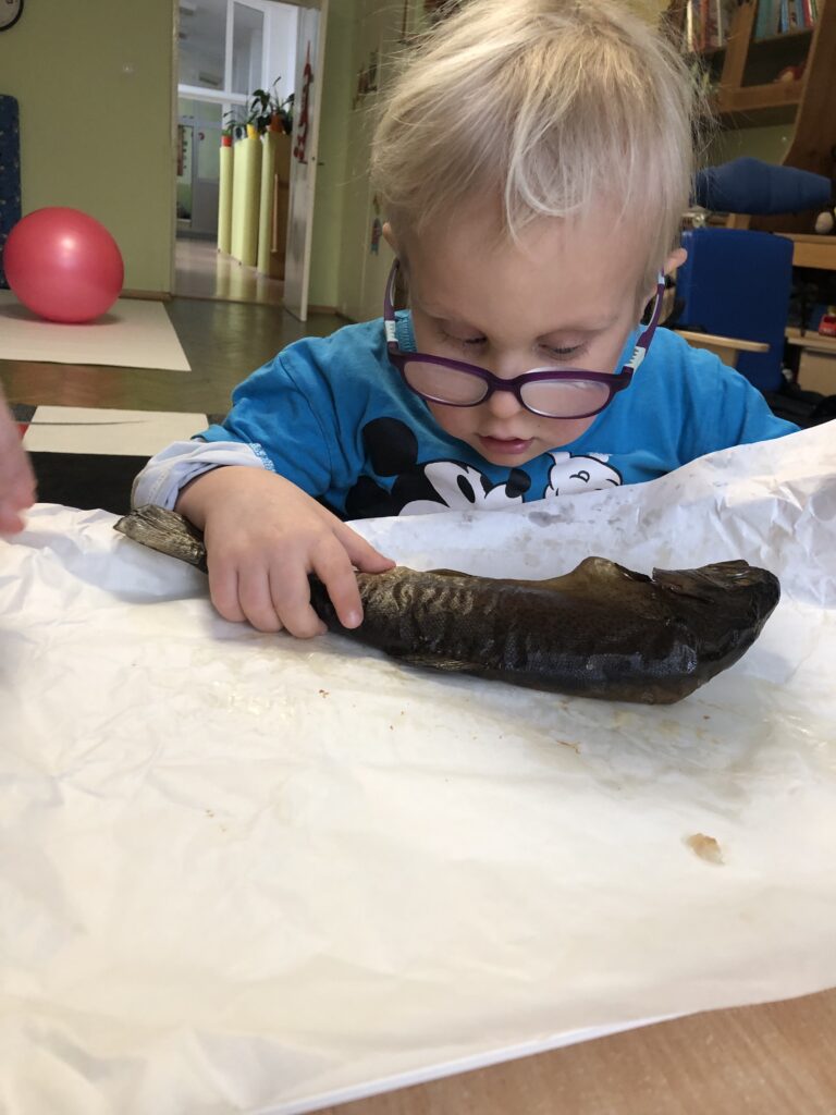 Chłopiec ogląda rybę wędzoną.