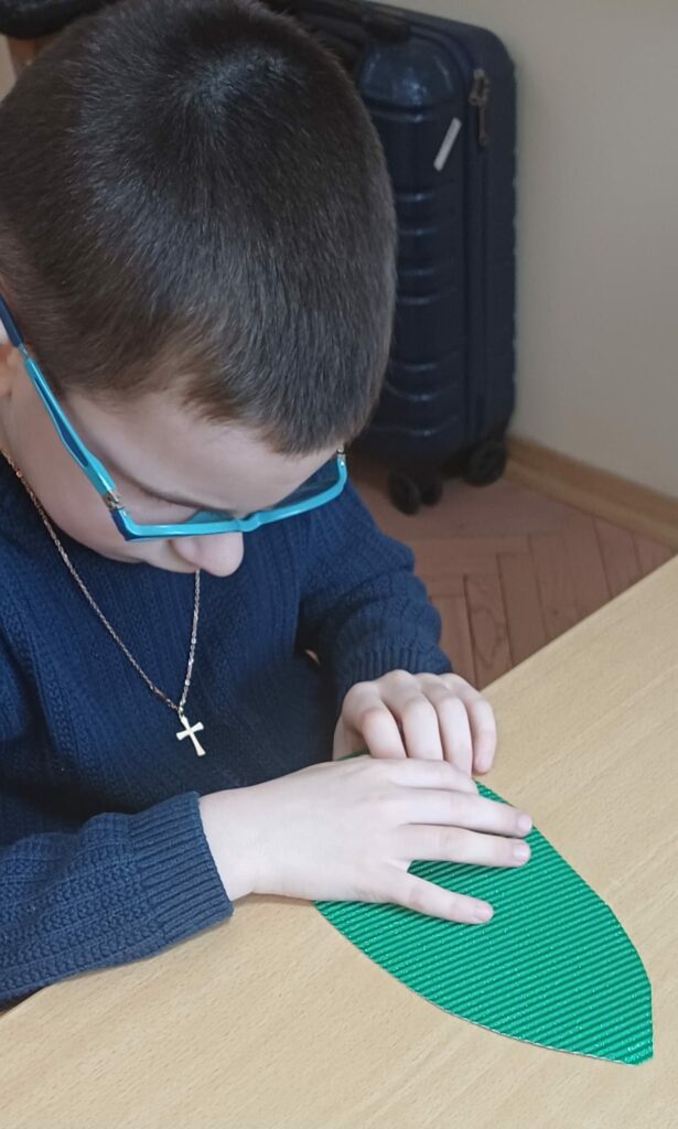 Chłopiec dotyka papierowego liścia kwiatka. 