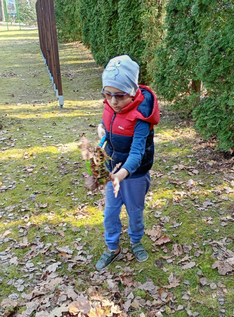 Chłopiec zdejmuje liście z grabi. 