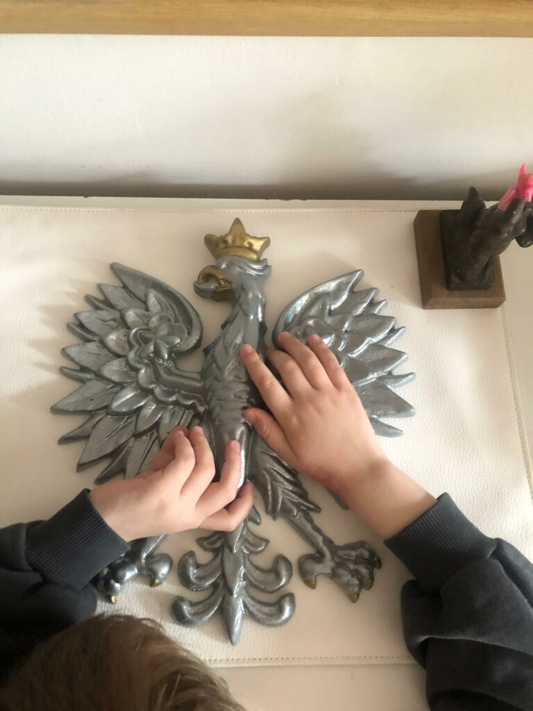 Dłonie dziecka  oglądają godło Polski