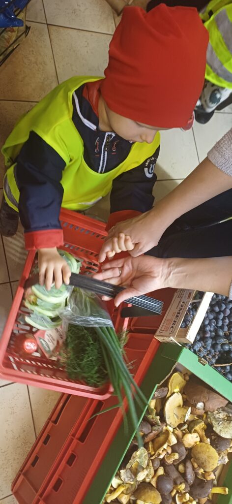 Dziecko z nauczycielką trzyma koszyk sklepowy w którym znajdują się warzywa.