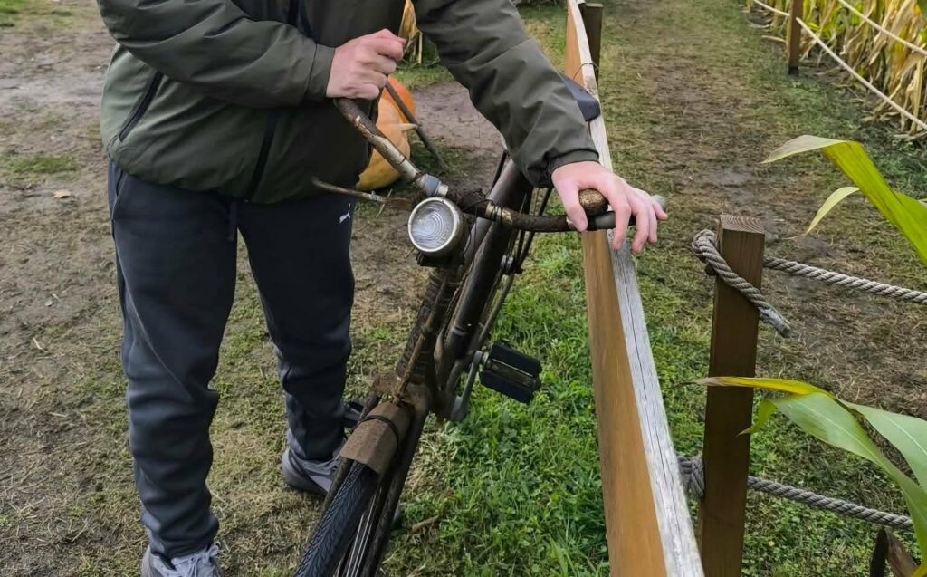 chłopiec ogląda rower